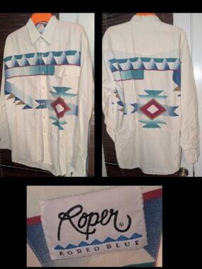 Vintage ROPER Rodeo Blue Aztec Design Western Cowboy Mens Button Down Shirt XL